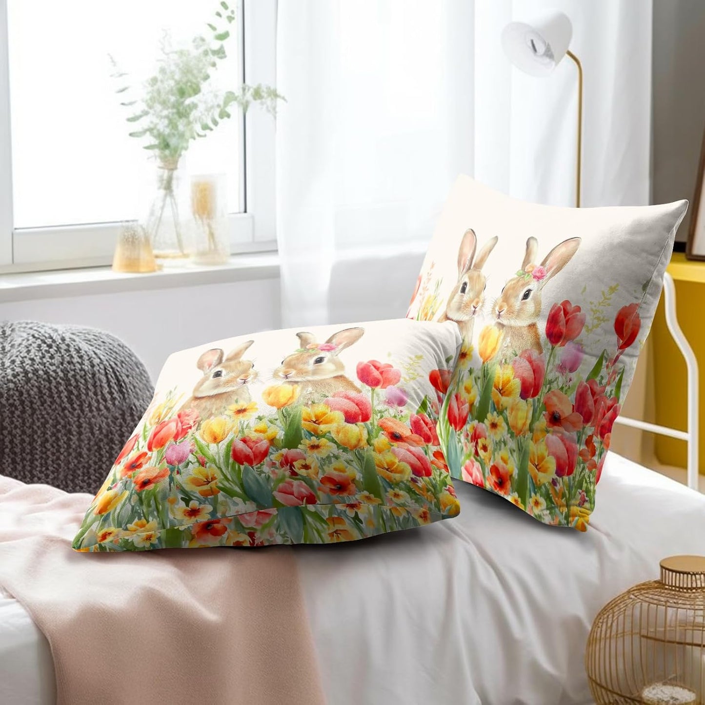 Giwawa Easter Bunny Throw Pillow Covers 16x16 Inch Set of 2 Spring Floral Decorative Pillow Cases Cotton Holiday Cushion Cover for Home Sofa Couch