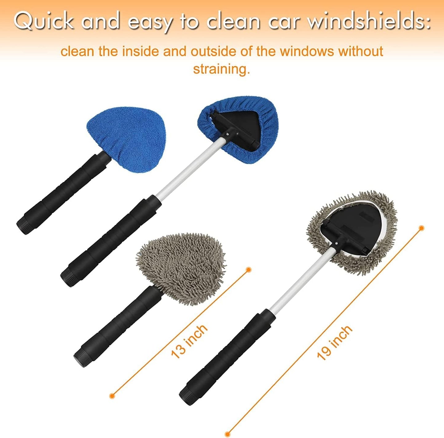 JOYFUL&HOPEFUL Car Windshield Cleaning Tool, Car Inside Window Cleaner Tool with Extendable Handle, 4pc Microfiber and 2pc Chenille, Car Interior Cleaner Tool Anti Fog, Streaks Free
