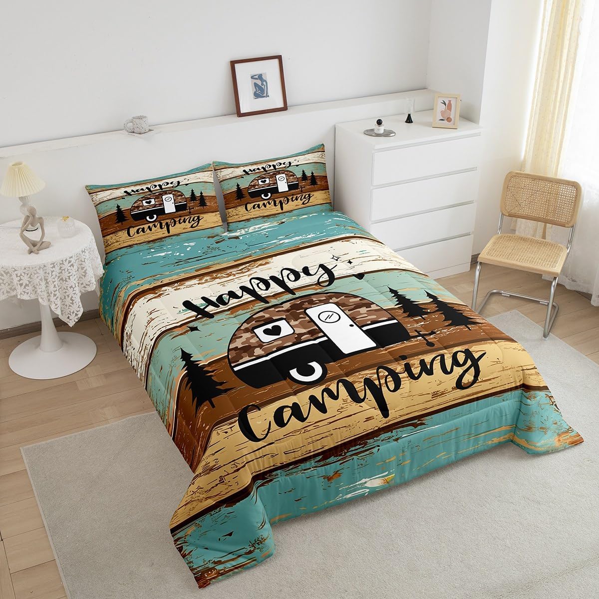 Manfei Rustic Adventure Camper Kids Comforter Set Twin Size,Happy Camping Farmhouse Cabin Lake House Bedding Set,Wooden Plank Pine Nature Quilt Comforter,Brown Retro Duvet Insert,1 Pillowcase