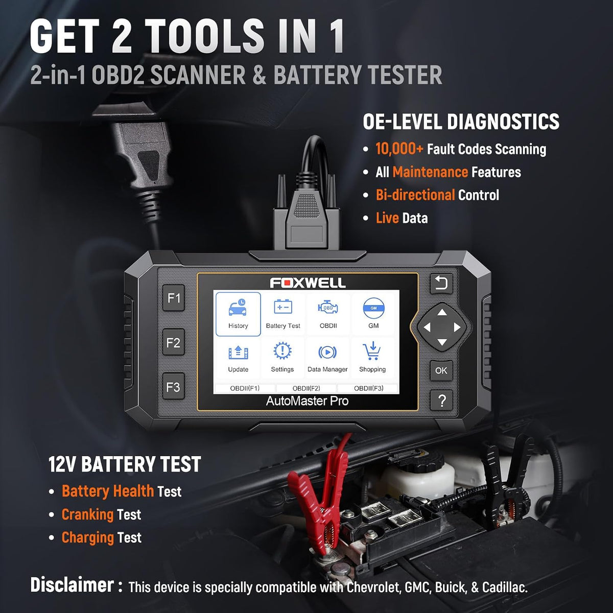 FOXWELL NT510 Pro fit for GM, 2-in-1 OBD2 Scanner & 12V Battery Tester