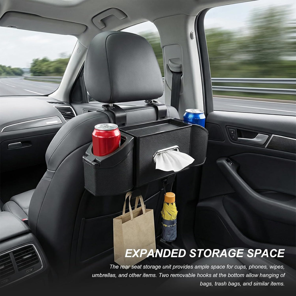 Car Backseat Organizer, 7-in-1 Auto Seat Back Drink Cup Holder Organizer with Tissue Box & Hooks, Multifunctional Vehicle Headrest Storage Box for Hold Phone Snacks Drinks (Gray)