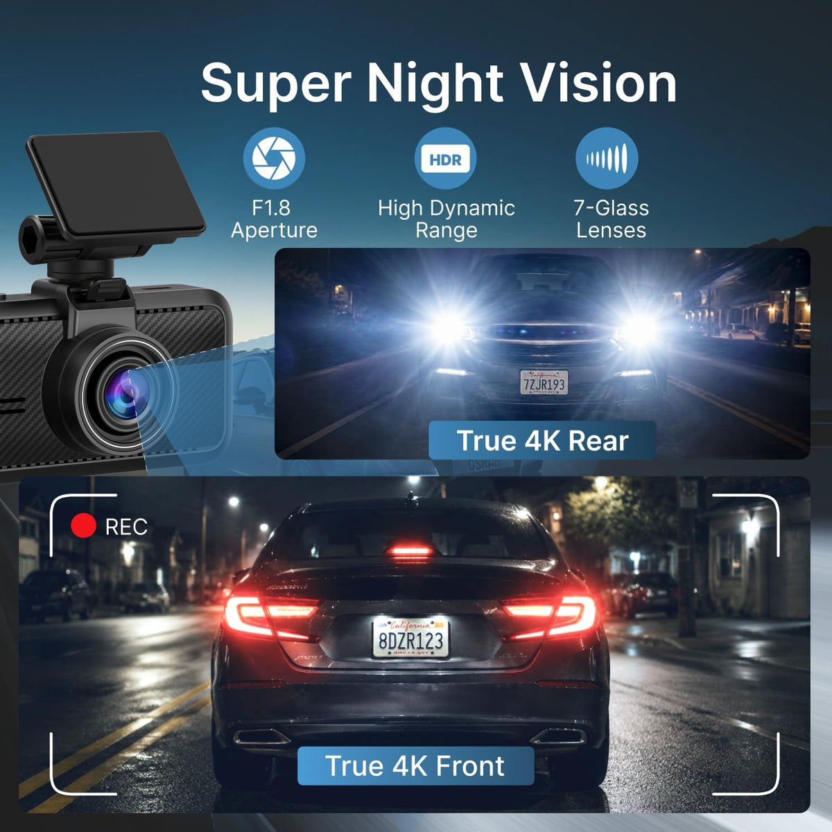 Dash Cam Front Rear, 4K Front + 4K Rear Full HD Dash Camera for Cars Built-in Wi-Fi Bluetooth GPS with 64GB SD Card, 3.0” IPS Screen with App Control, G-Sensor, HDR, Night Vision, 24H Parking Mode