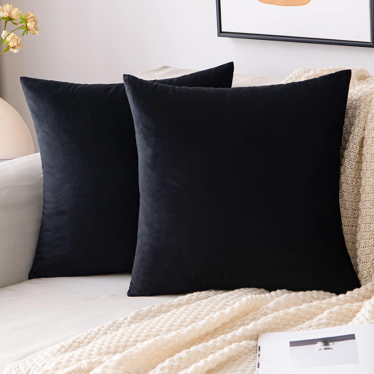 EMEMA Pack of 2 Velvet Throw Pillow Covers Decorative Square Pillowcase Soft Solid Cushion Case for Sofa Bedroom Chair Car 18x18 Inch Black