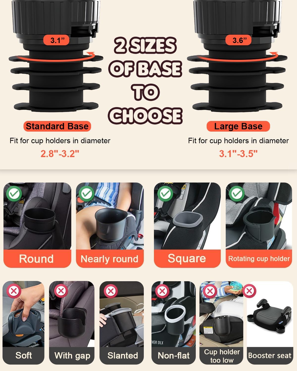 SEVEN SPARTA Car Seat Tray for Kids Toddler Travel with Soft Rubber Base, Rotatable and Removable Cup Holder Snack Tray for Food Color and Play for Family Road Trip Essentials (1, Standard Base)