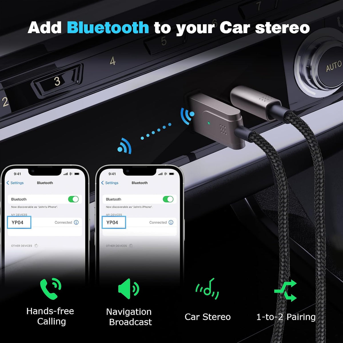 Bluetooth 6.0 to Aux Adapter for Car or Amp, 3.5mm Jack Bluetooth Receiver