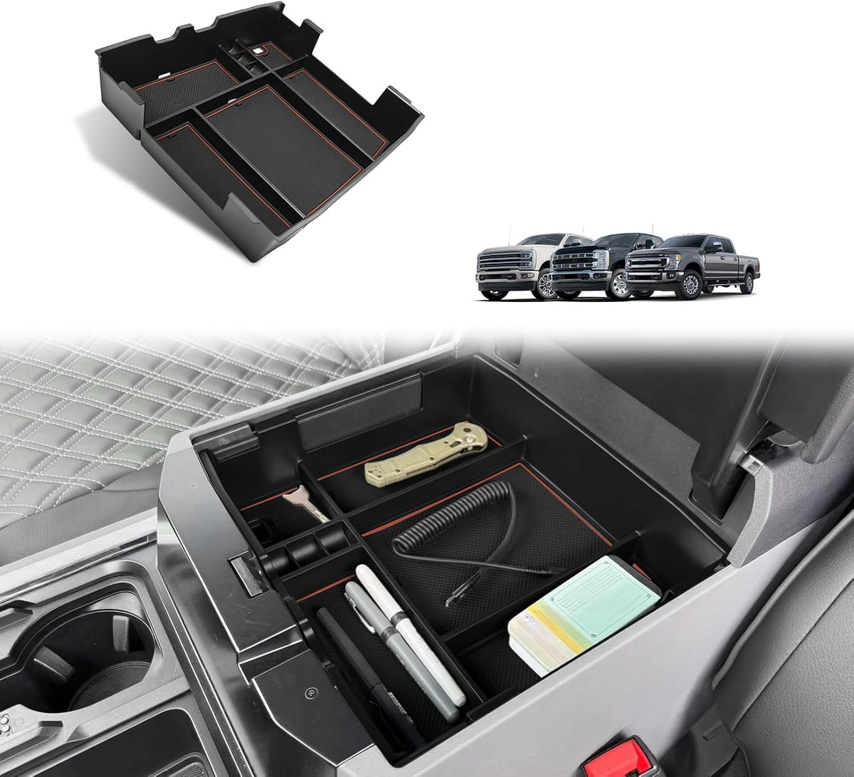 Muslogy Center Console Organizer For 2023-2026 Ford F250 F350 F450 Super Duty Accessories Custom Fit Storage Box Divider(Fit with OEM Tray), Fits Bucket Seats Only, Not for Work Surface Console(Brown)