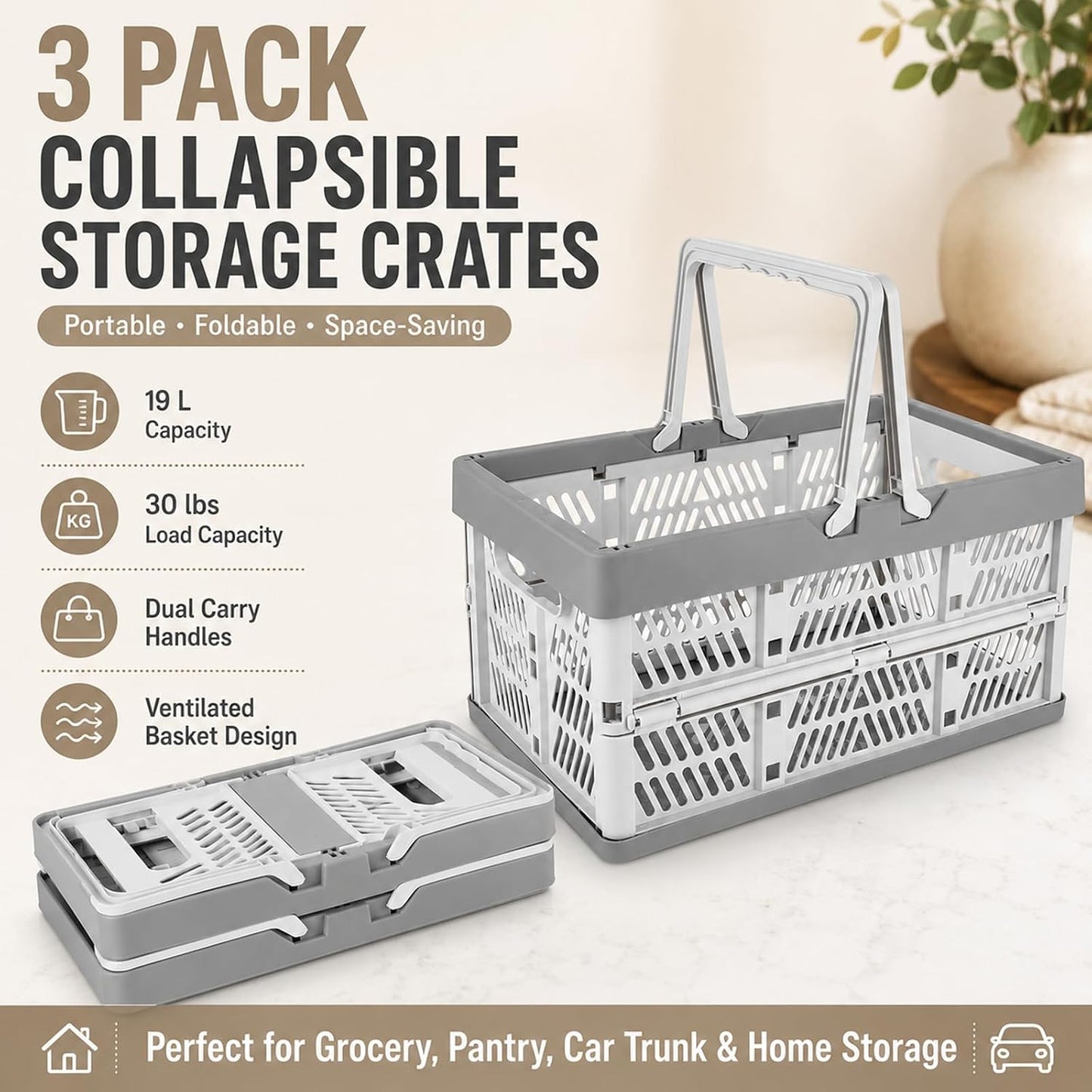 CYEAH 3 Pack Collapsible Shopping Baskets, 20L Foldable Plastic Storage Crates with Handles, Reusable Grocery Baskets for Car Trunk, Pantry, Garage, Kitchen, Picnic and Organizing, Holds 20 lbs Each