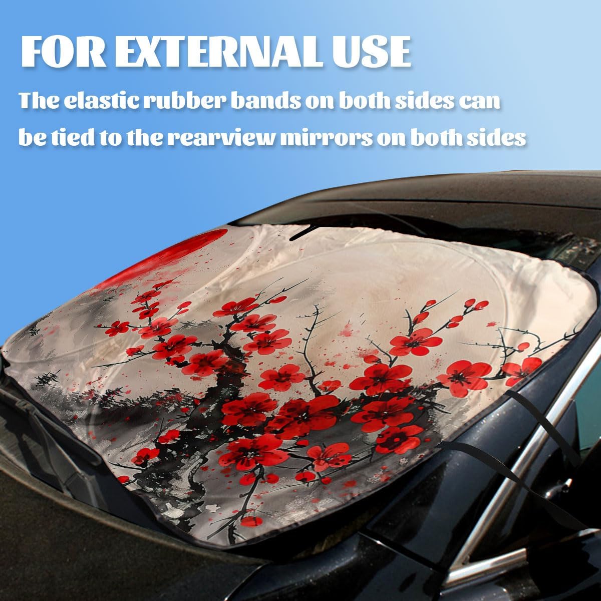 Japanese Cherry Blossoms Car Windshield Sunshade - Folding Red Sun Heatshield Front Window Sun Shade Visor Protector for Sedan, Truck, SUV - 59" L x 31.5" W