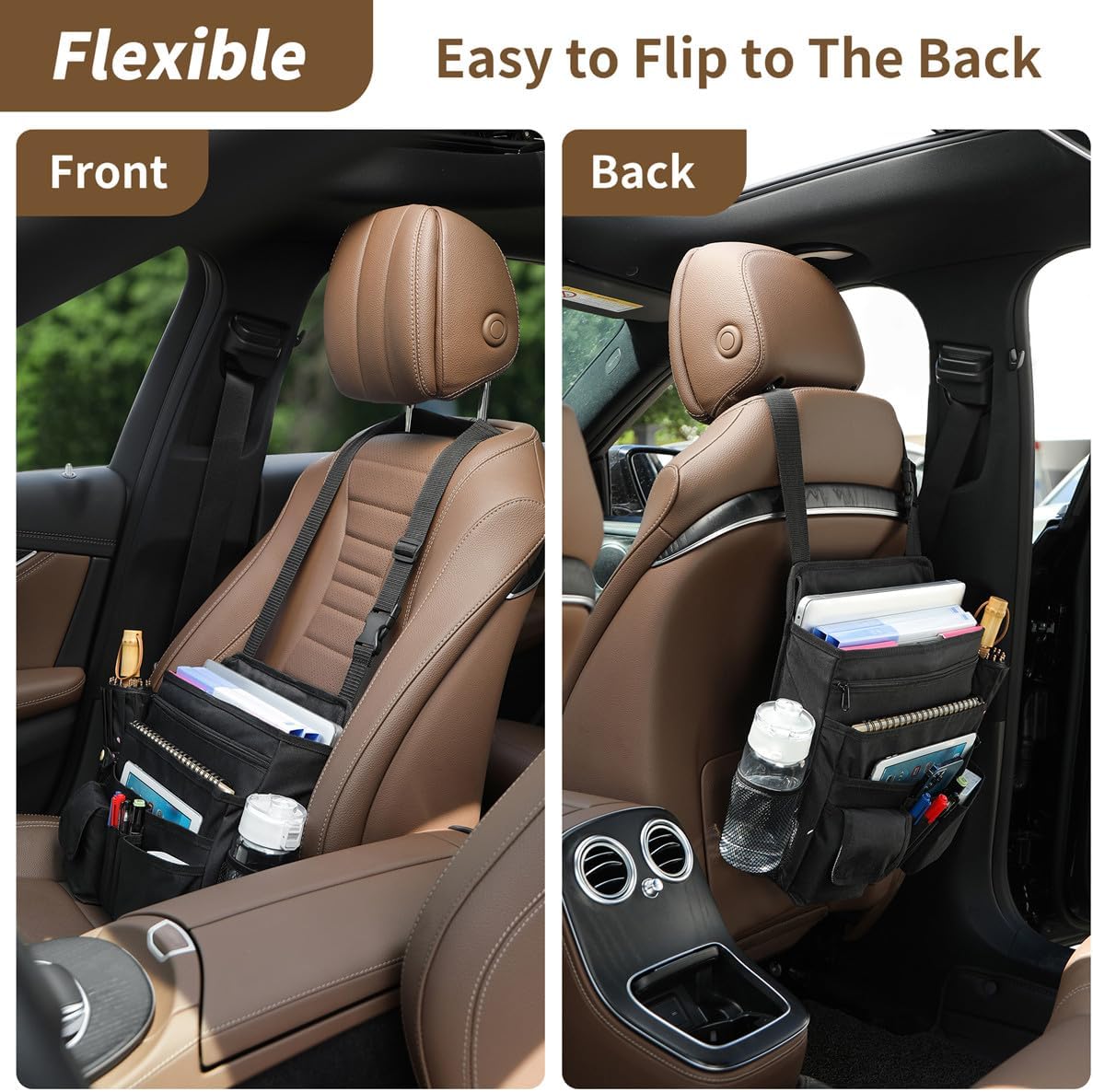 Car Front Seat Organizer for Paperwork File Laptop Mobile Office, Multi Compartment Storage Bag with Cup holder and Adjustable Strap for Car Work Truck Van
