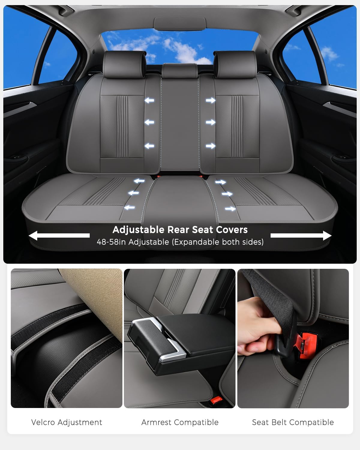 Huidasource Gray Back Seat Covers, Nappa Leather Rear Seat Covers with Ventilation Holes, Velcro Adjustable, Compatible with Seat belts, Child Safety Seats, Universal Fit for Most Cars SUV Trucks Gray
