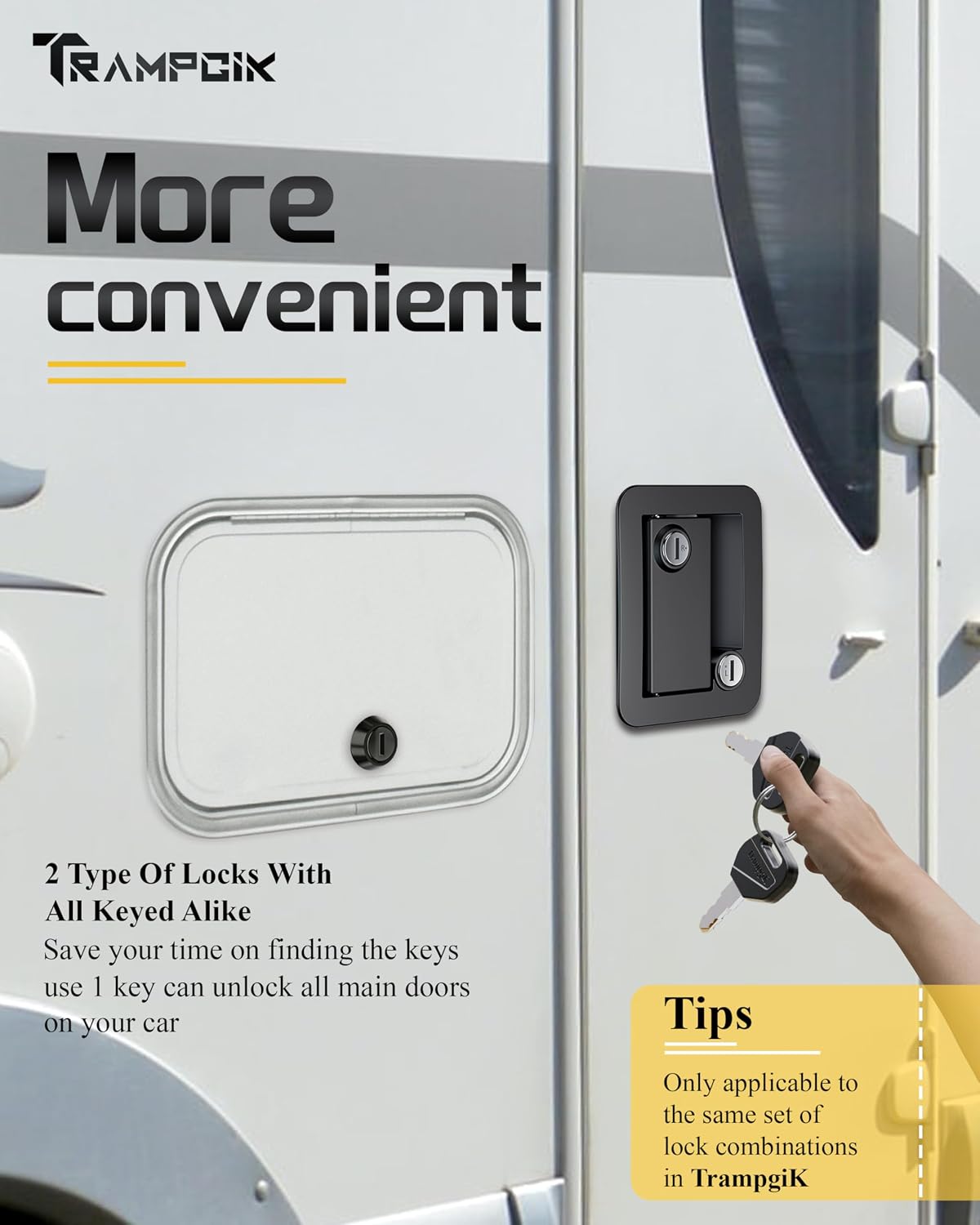 RV Door Lock Set, for RV Camper,Travel Trailer Entrance Front Door,1 Plastic Camper Door Lock + 2pcs Storage Locks, 1 1/8Inch Size, Black,All Keyed Alike