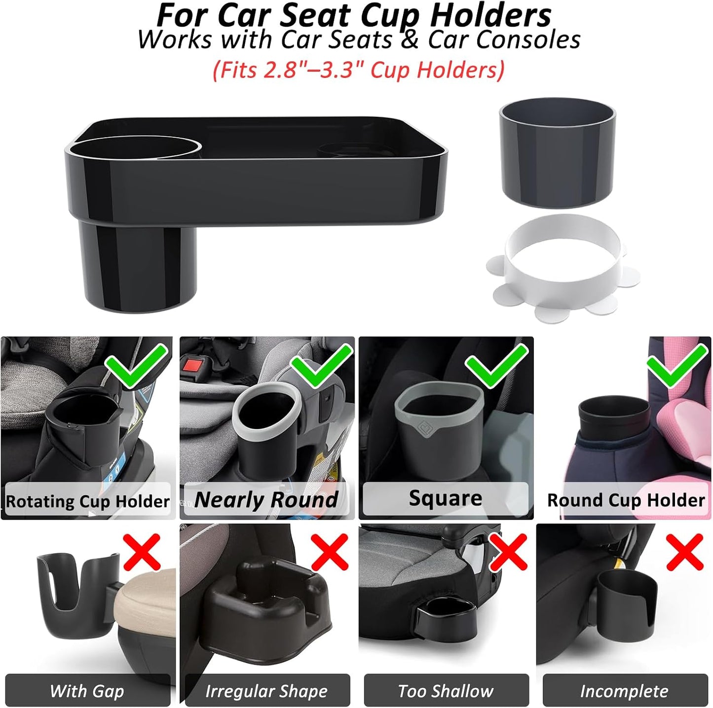 Car Seat Snack Tray for Kids, Mess-Free Square Travel Tray Cup Holder Snack Tray, Durable Car Food Tray for Toddlers, Fit Kids Travel Road Trip Essentials (1, Black)