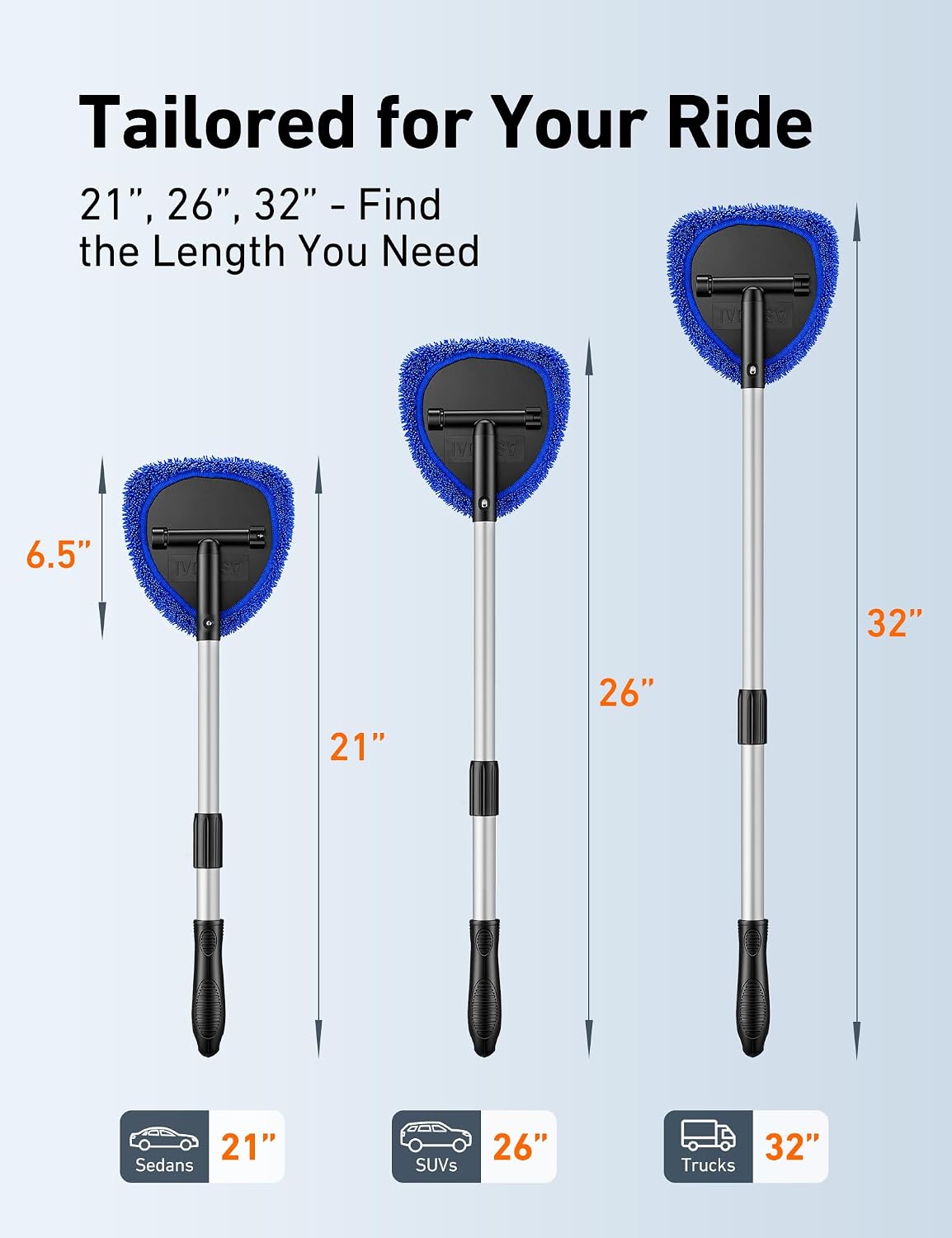 AstroAI 21" Extra-Long Windshield Cleaner Tool, Car Interior Detailing Cleaning Kit with Extendable Handle and 4 Upgraded Reusable Microfiber Pads, Auto Glass Wiper Brush Kit for Cars, Blue