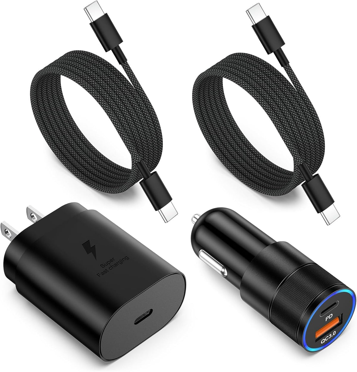 Car Charger Fast Charging Type C, 2X Braided USB C to USB C Cable 6ft