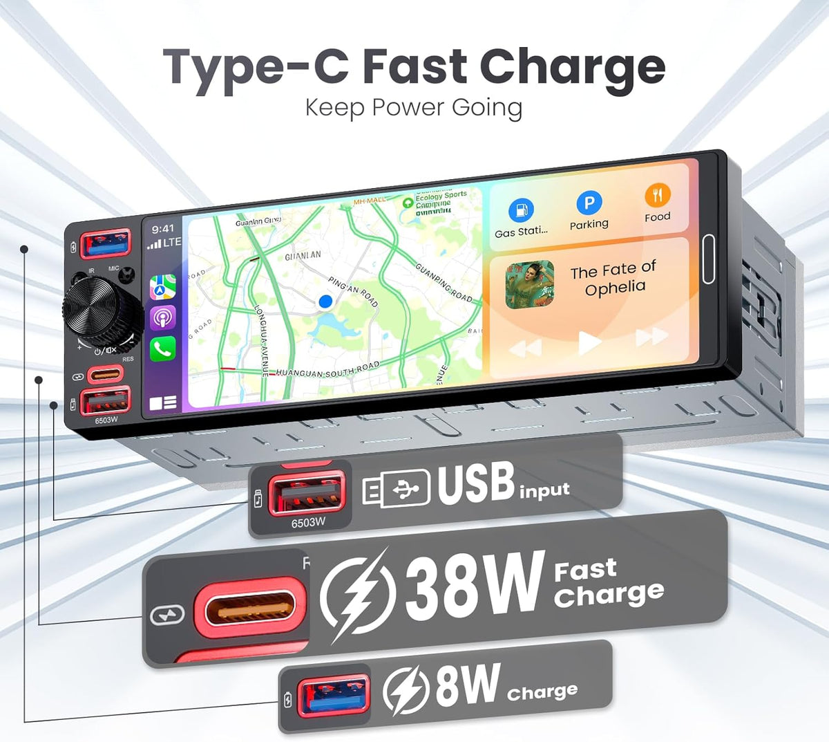 Single Din Radio Car Stereo with Apple CarPlay & Android Auto, 6.5” InCell Touchscreen Car Radio with 1080P Backup Camera, Mirror Link, Bluetooth 6.0, GPS, AM&FM, USB & Type-C Fast Charging