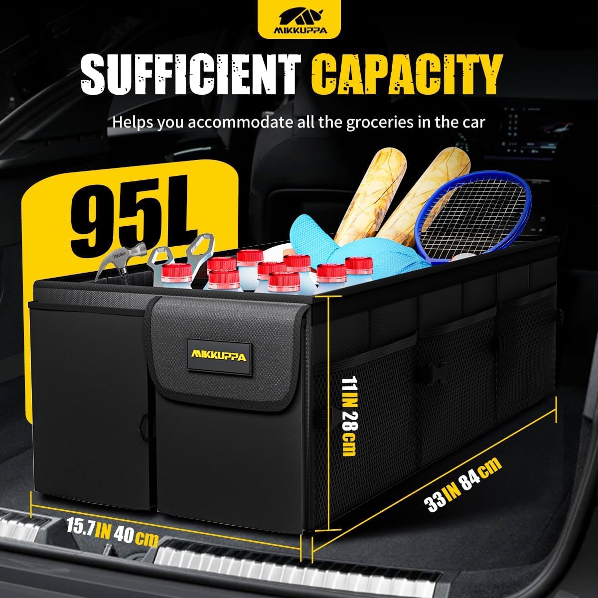 MIKKUPPA Car Trunk Organizer - 95L Collapsible Trunk Organizer with Lid, Sturdy Car Storage for SUV Auto Truck Van with Adjustable Straps and Non Slip Bottom (Black, XX-Large)
