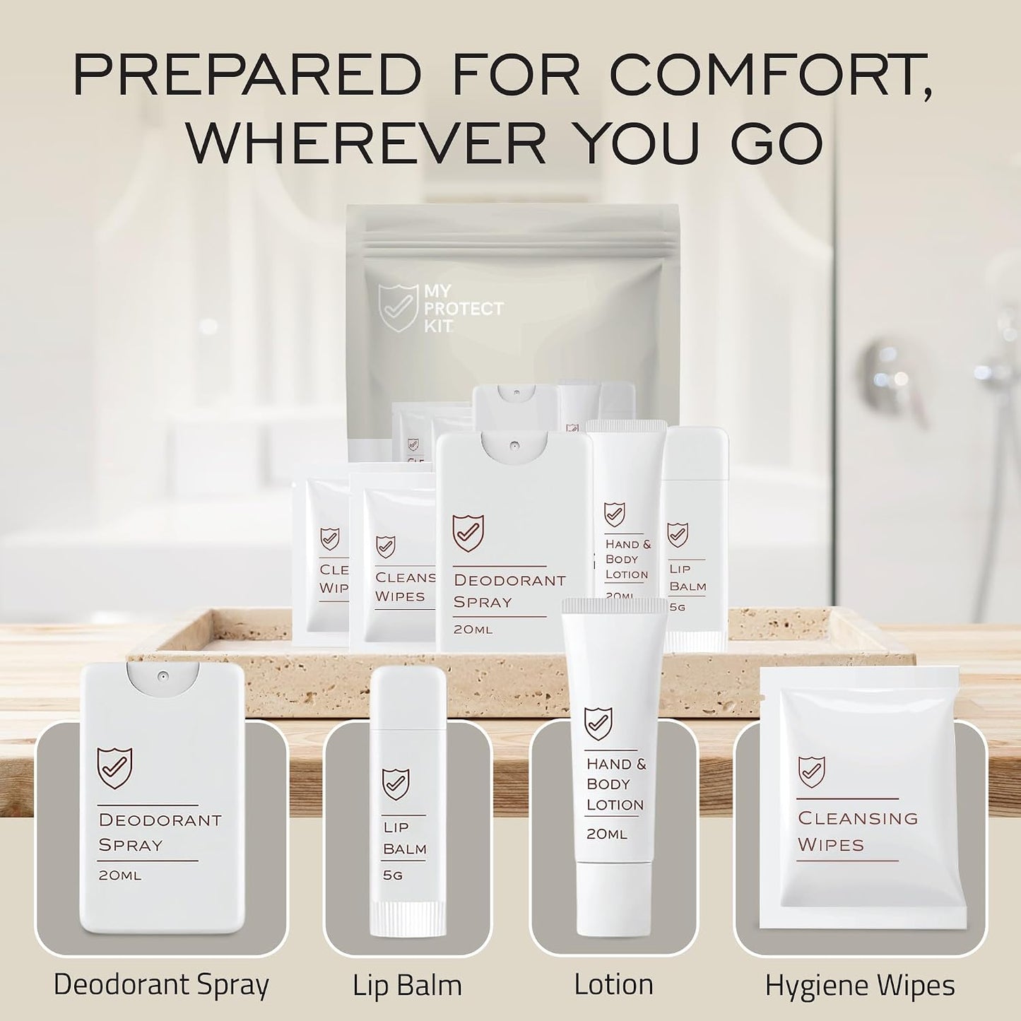 MY PROTECT KIT Everyday Essentials Travel Kit – 8 Pieces Hygiene & Toiletry Set with Deodorant Spray, Lotion, Lip Balm & Cleansing Wipes, Self Care Kit for Purse, Gym, Hotels & Airbnb, Pack of 1