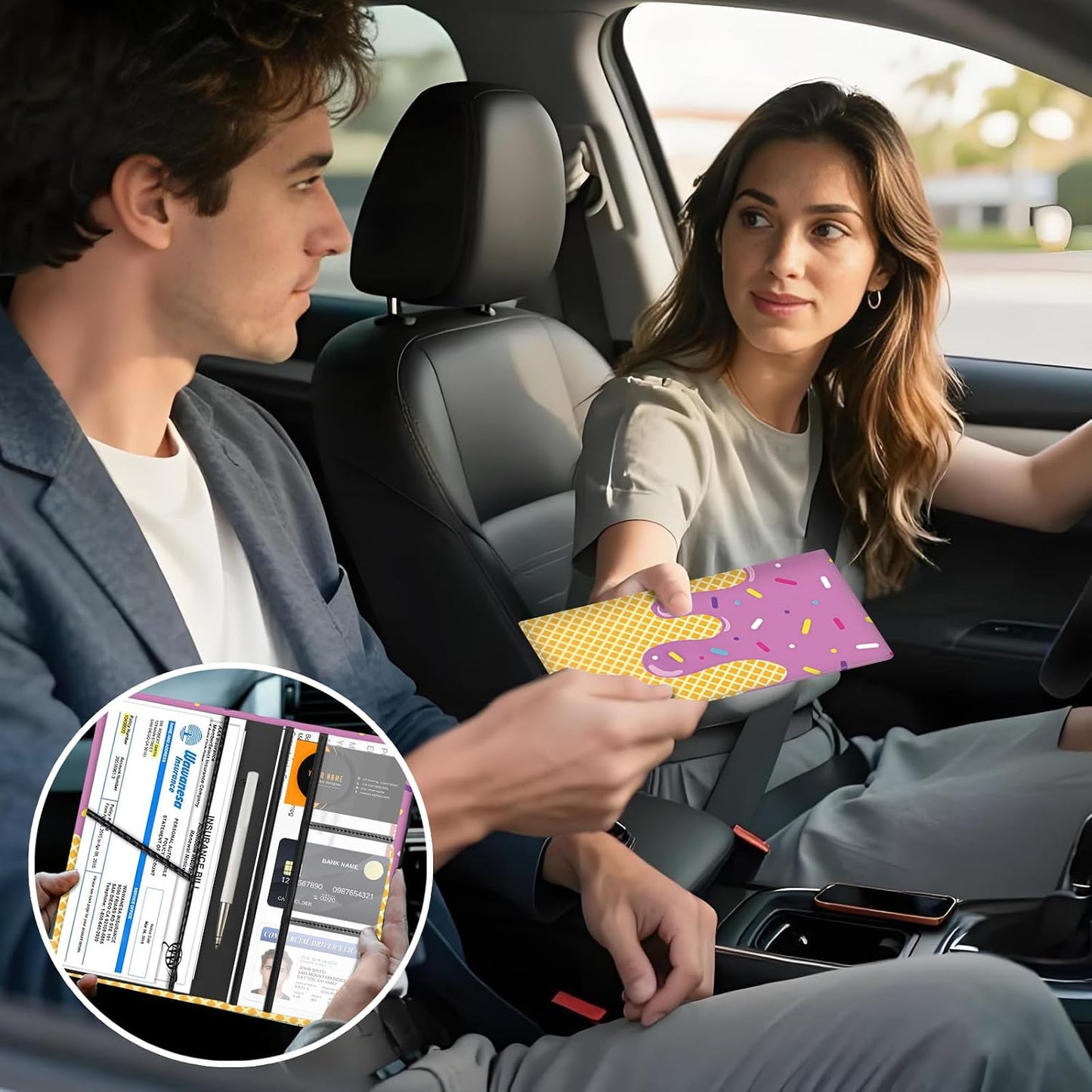 Car Registration and Insurance Holder with Magnetic Shut, Cute Vehicle Glove Box Car Organizer, Premium Interior Car Accessories for Women Men Cute Cake Pattern