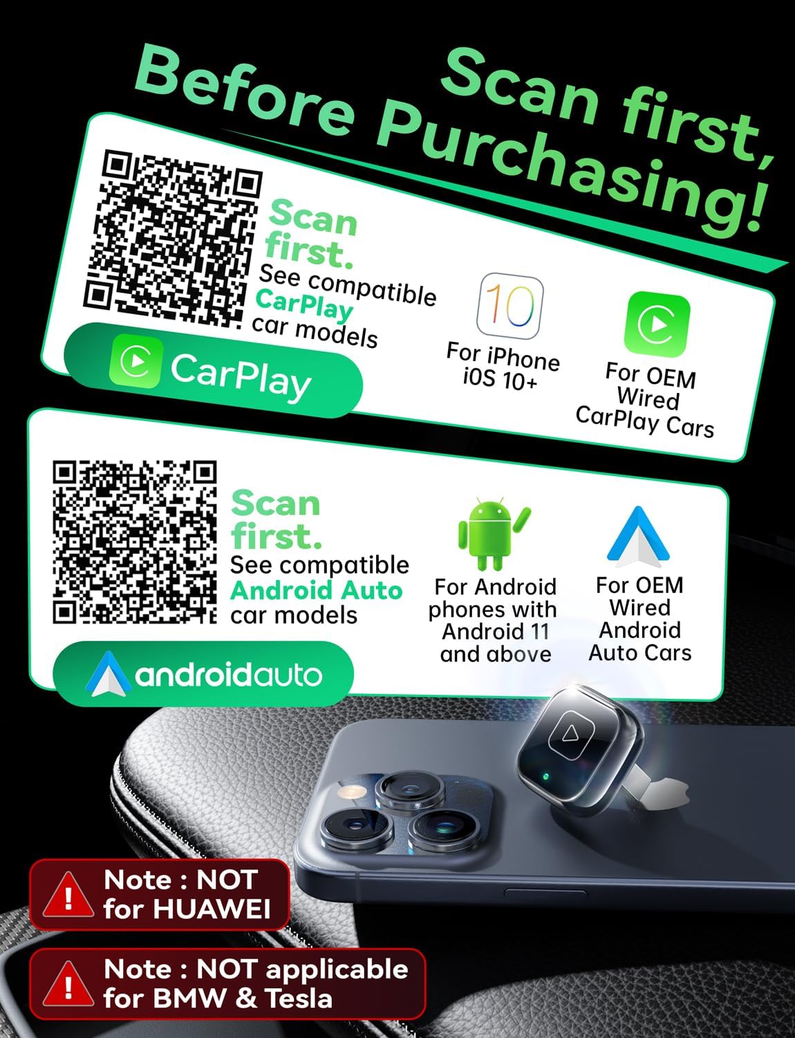 Wireless Carplay & Android Auto Adapter, Metal Design Mini & Stable 2-in-1 Dongle, Convert Vehicle's Wired CarPlay/Android Auto to Wireless, for iOS 10+/Android 11+ & Cars from 2016