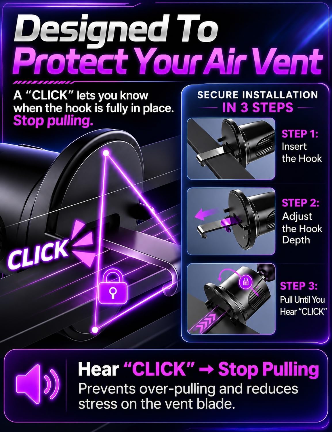Air Vent Car Phone Holder, Metal Hook Clip, One-Hand Release, Anti-Shake