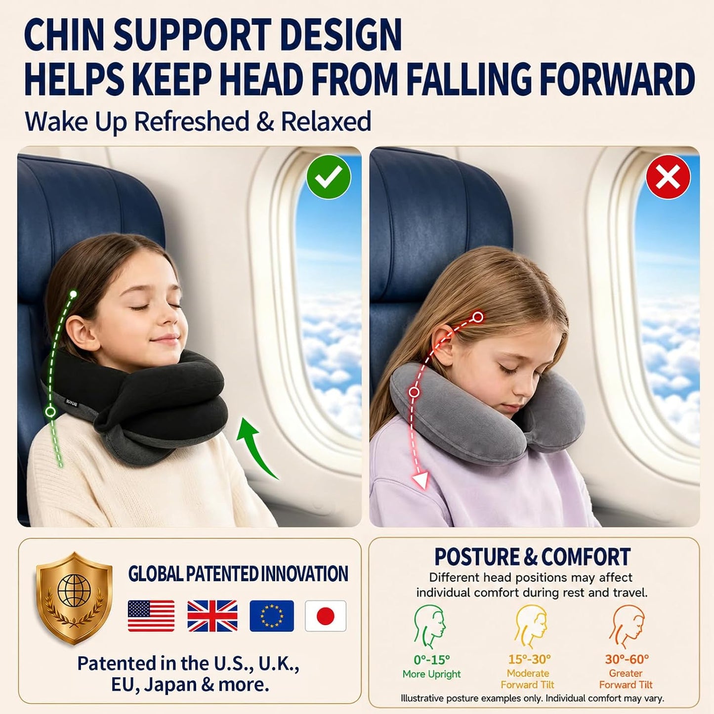 BUYUE Kids Travel Pillows for Airplane, Memory Foam 360° Head Support Sleeping Essentials for Long Flight, Skin-Friendly Soft Neck Pillow for Traveling in Car Seat, (Small, Black Grey, 40-90 lbs)