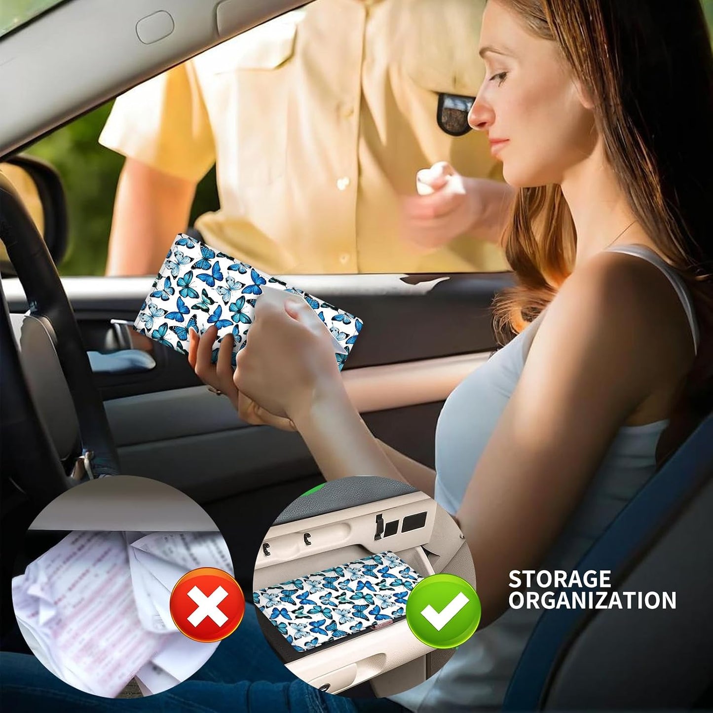 Leather Car Registration and Insurance Card Holder, Cute Car Accessories Vehicle Glove Box Car Organizer for Documents, Cards, License Cute Butterfly
