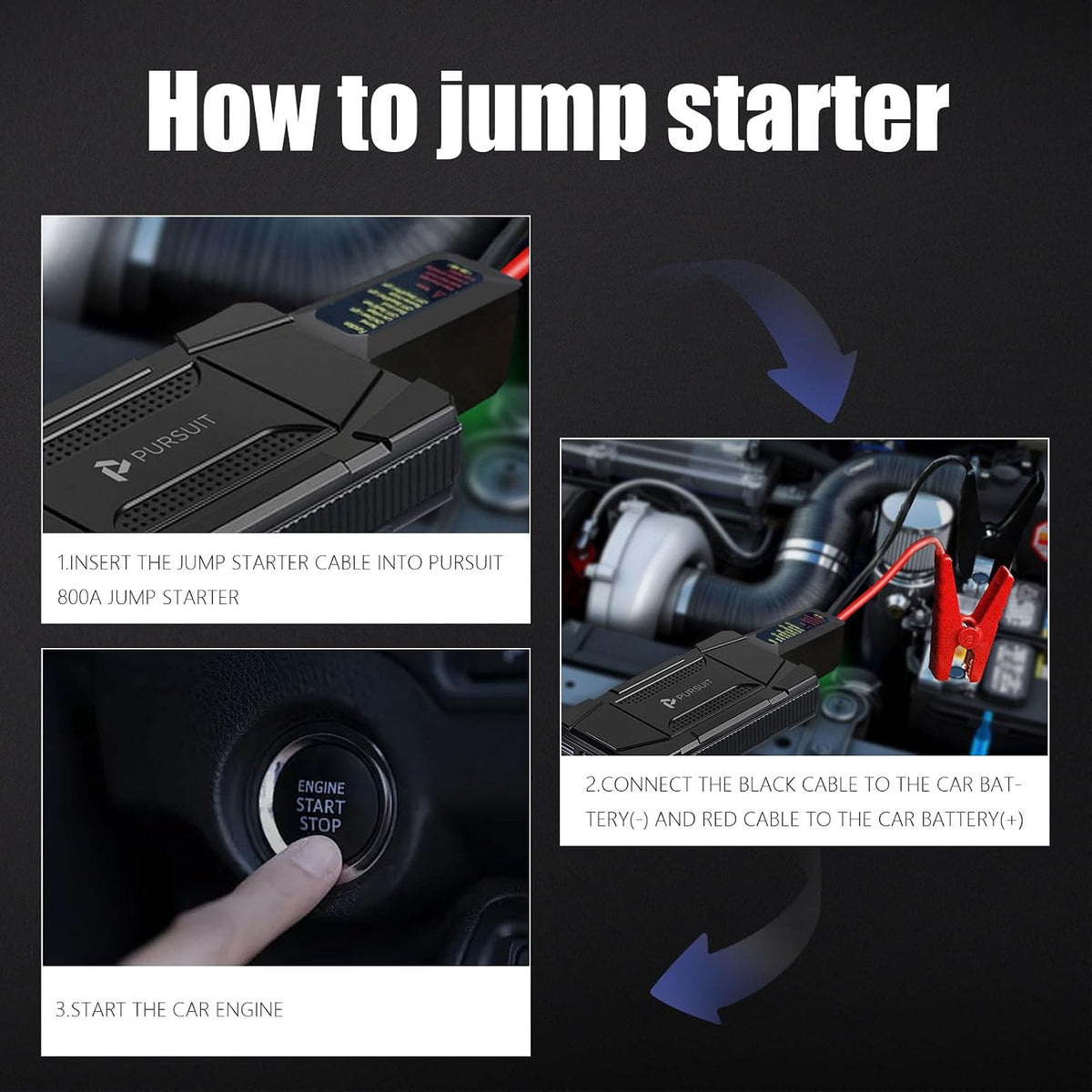 Pursuit 800A Car Jump Starter, 12V Battery Booster Pack, Portable Power Bank with LED Flashlight, Suitable for 5.0L Gas 2.0L Diesel