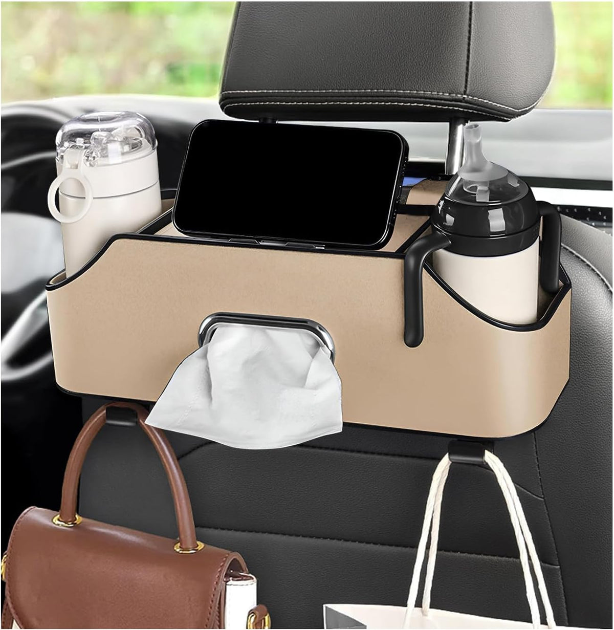 Car Seat Back Organizer with 2 Drink Cup Holder, Headrest Rear Seat Storage Organizer with Tissue Box and Hook, Multi-Functional Backseat Hanging Storage Box for Kids Travel (Black)