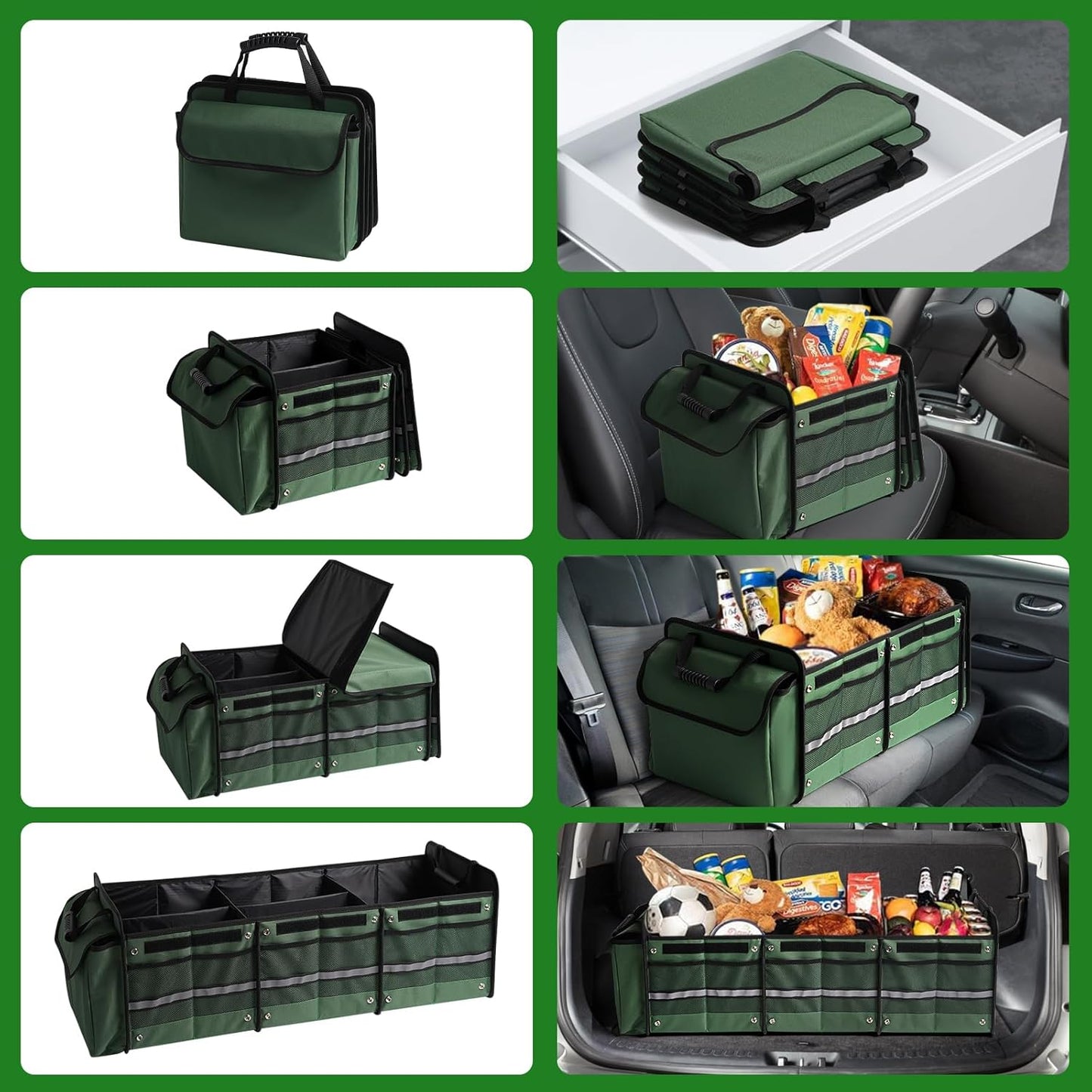 Snuopfy Car Trunk Organizer,115L Heavy Duty Collapsible Trunk Storage, with Insulated Leakproof Cooler Bag Vehicle Cargo Organizer with Lid, 3 Compartments, Straps For Car,Suv,Jeep,Sedan-Green