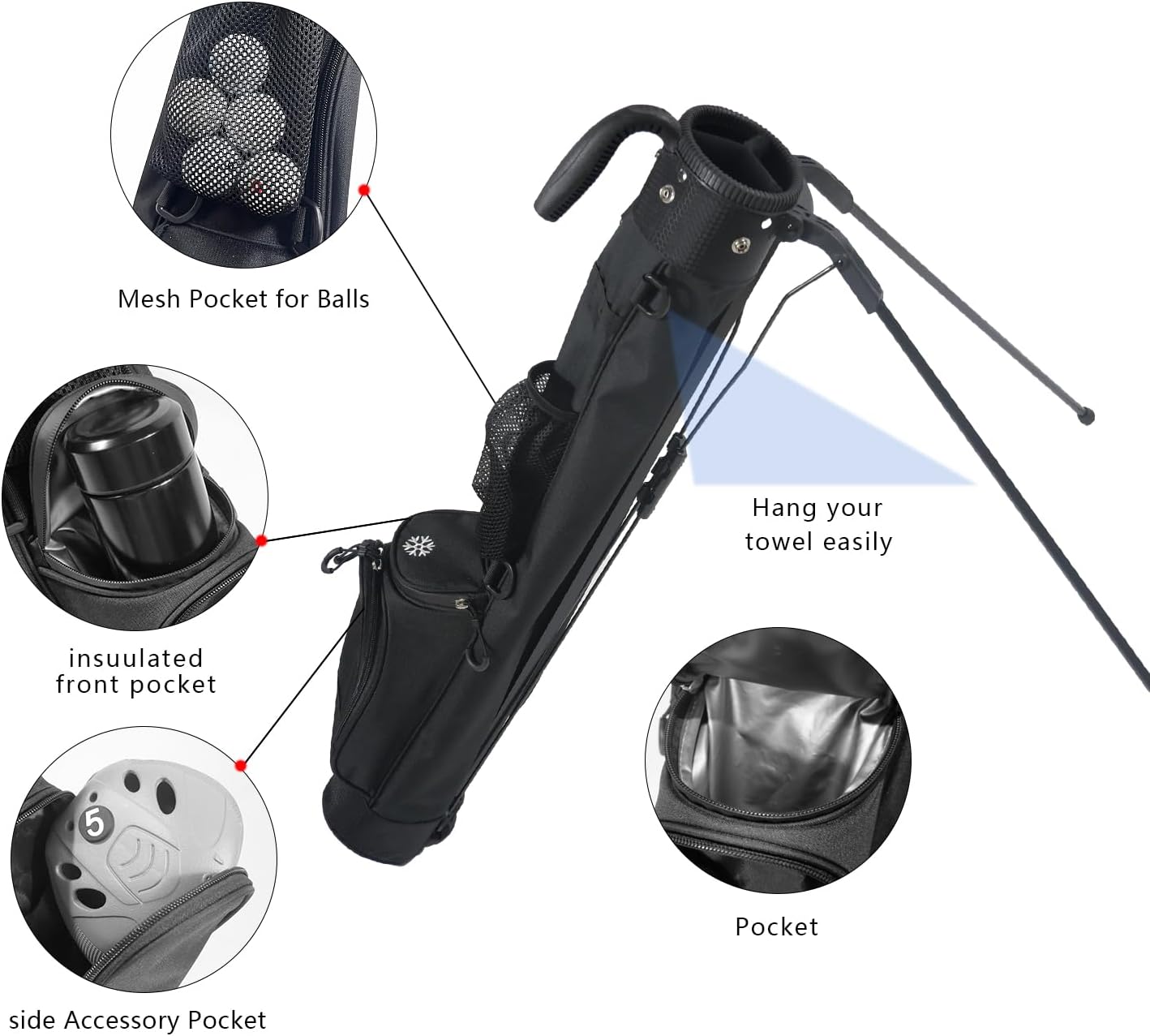 Sunday Golf Stand Bag Lightweight Golf Bag for Par 3 & Driving Range with 3 Zippered Pockets, Cooler Bag, Rain Hood and Adjustable Dual Strap System,Golf Club Carry Bag Suitable for Men & Women