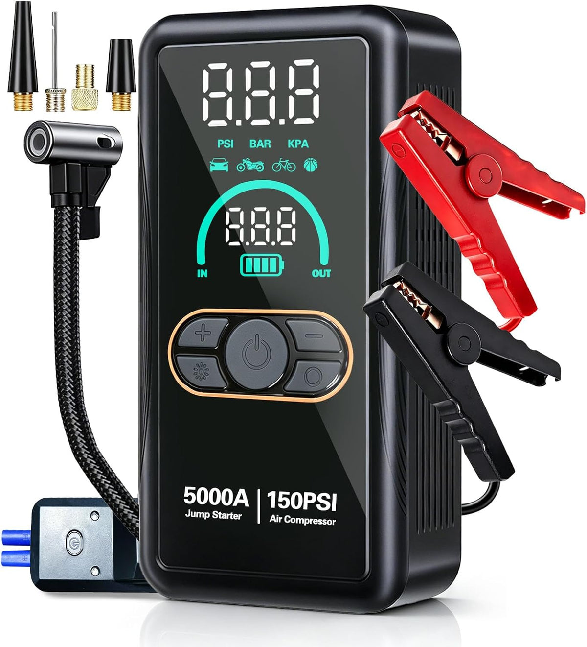 5000A Jump Starter with Air Compressor, Portable Car Battery Jump Starter, 150 PSI Tire Inflator, 12V Jump Box for 8.0L Gas/6.5L Diesel, Auto Shut Off, LCD Display