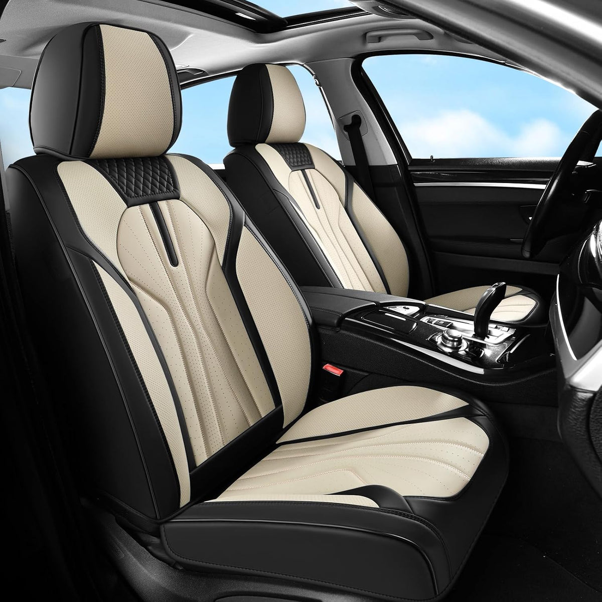 Huidasource Leather Car Seat Covers Full Set 5 Seats, Waterproof Faux Leather Front & Rear Seat Cover with Headrest, Non-Slip Automotive Seat Covers Fit for Most Cars Trucks SUV, Black&Beige