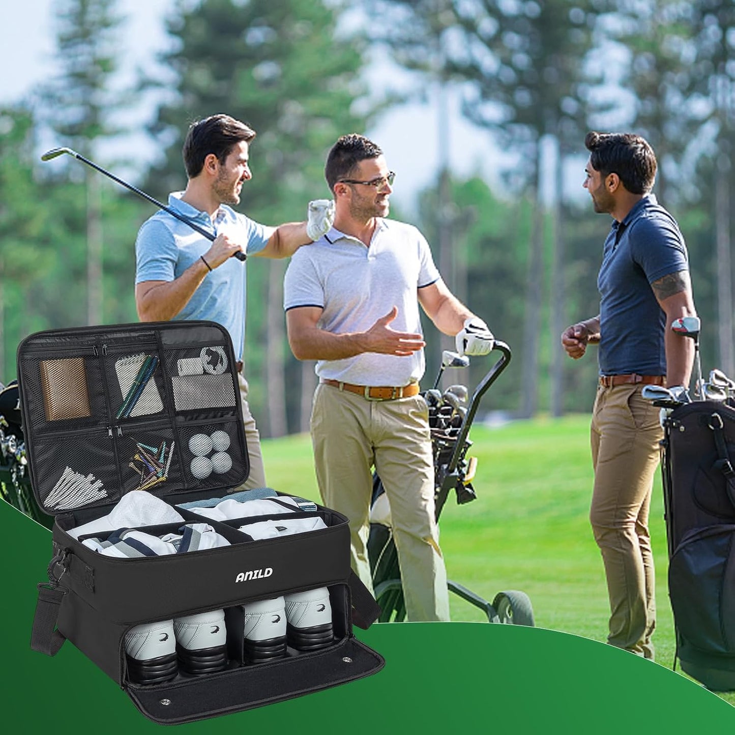 ANILD Golf Trunk Organizer, 2 Layer Golf Storage Case with Separate Ventilated Compartment for 2 Pair Shoes, for Balls, Tees, Clothes, Gloves, Accessories, Golfer Gifts