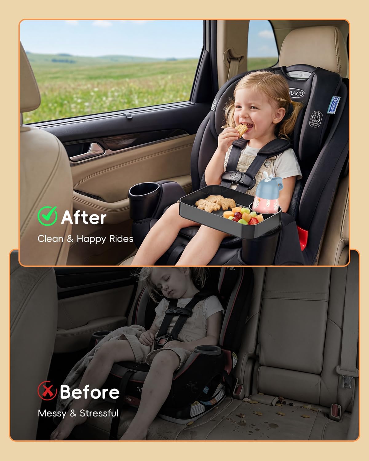 Toddler Car Seat Snack Tray - 3 Inch Cup Holder with Dip Well Fits Most Sippy Cups & Straw Bottles, Mess-Free Square Kids Travel Tray Road Trip Essentials, Black