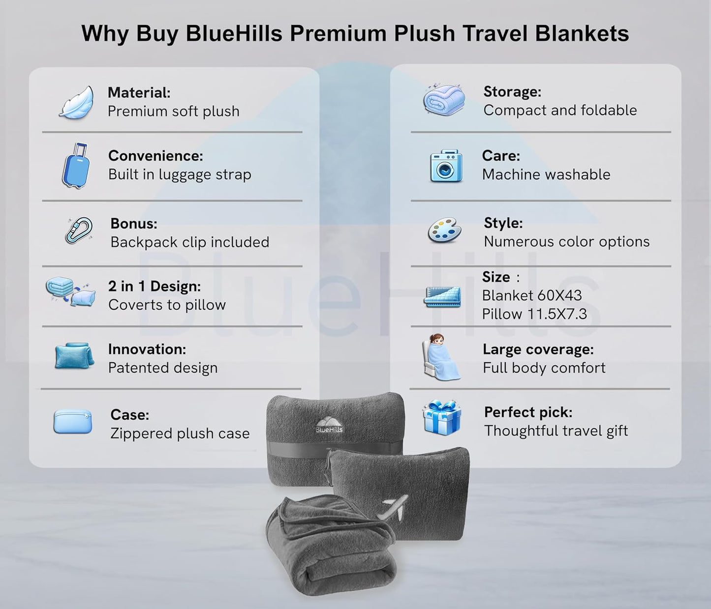 BlueHills Travel Blanket Pillow in Mini Soft Case Premium Plush Airplane Blanket Soft Bag Compact Pack with Luggage Belt and Backpack Clip Small Lightweight Traveling Plane Essentials - Grey Gray M01