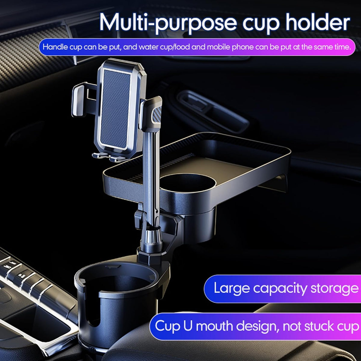 Car Cup Holder Multifunctional Cup Holder Expander with ° Rotation Tray Mobile Phone Holder Adjustable Base to Front Back Seat Organizer (Size L)