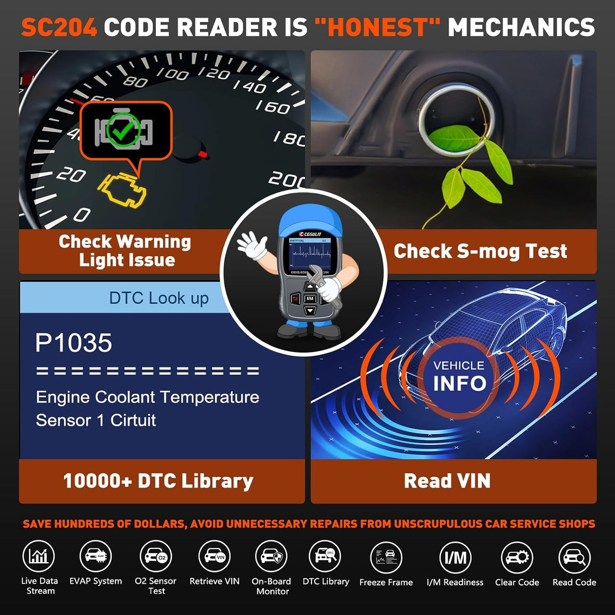 CGSULIT OBD2 Scanner SC204 Code Reader, I/M Readiness, Check Engine Light