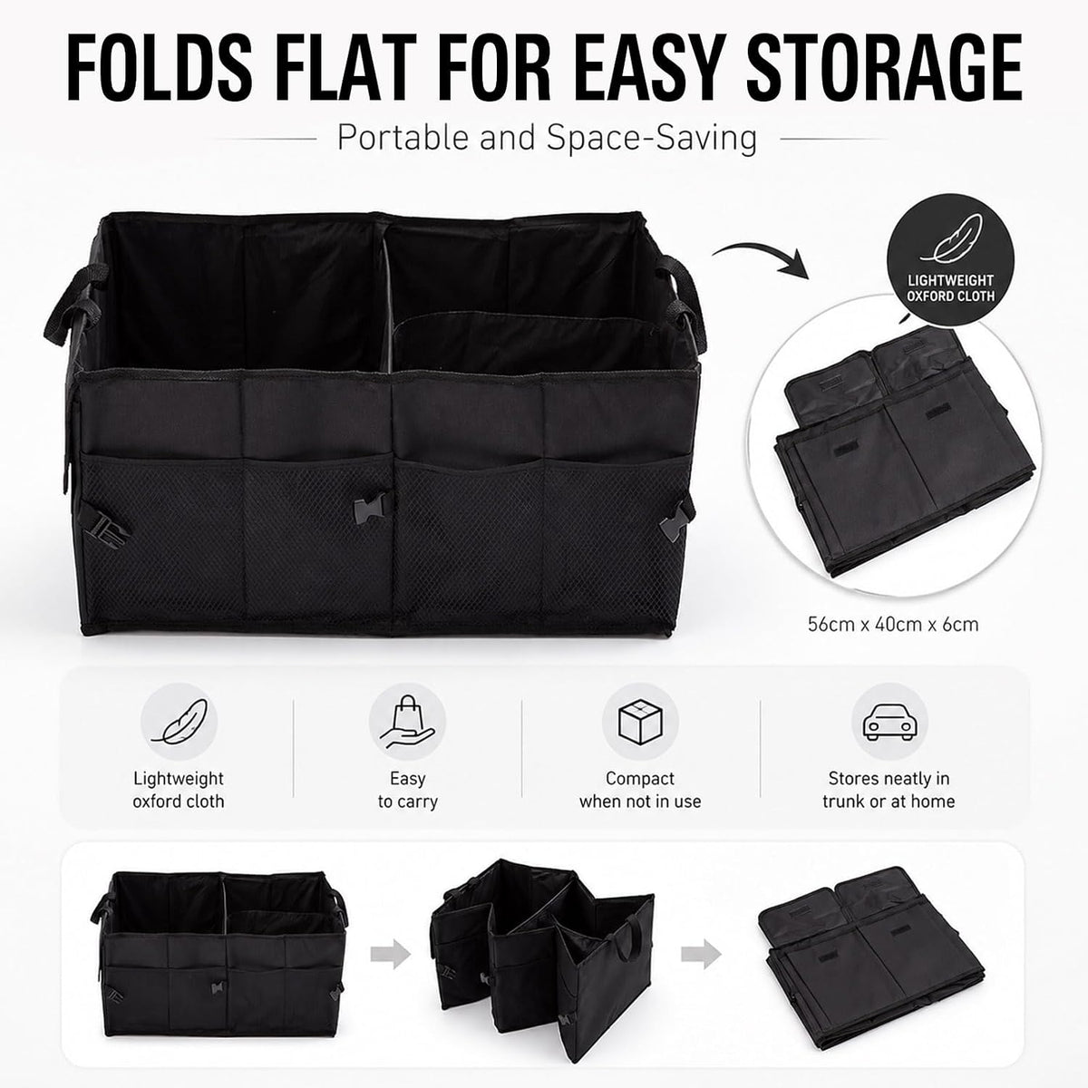 Car Trunk Organizer, Collapsible 3-Compartment Box，Black