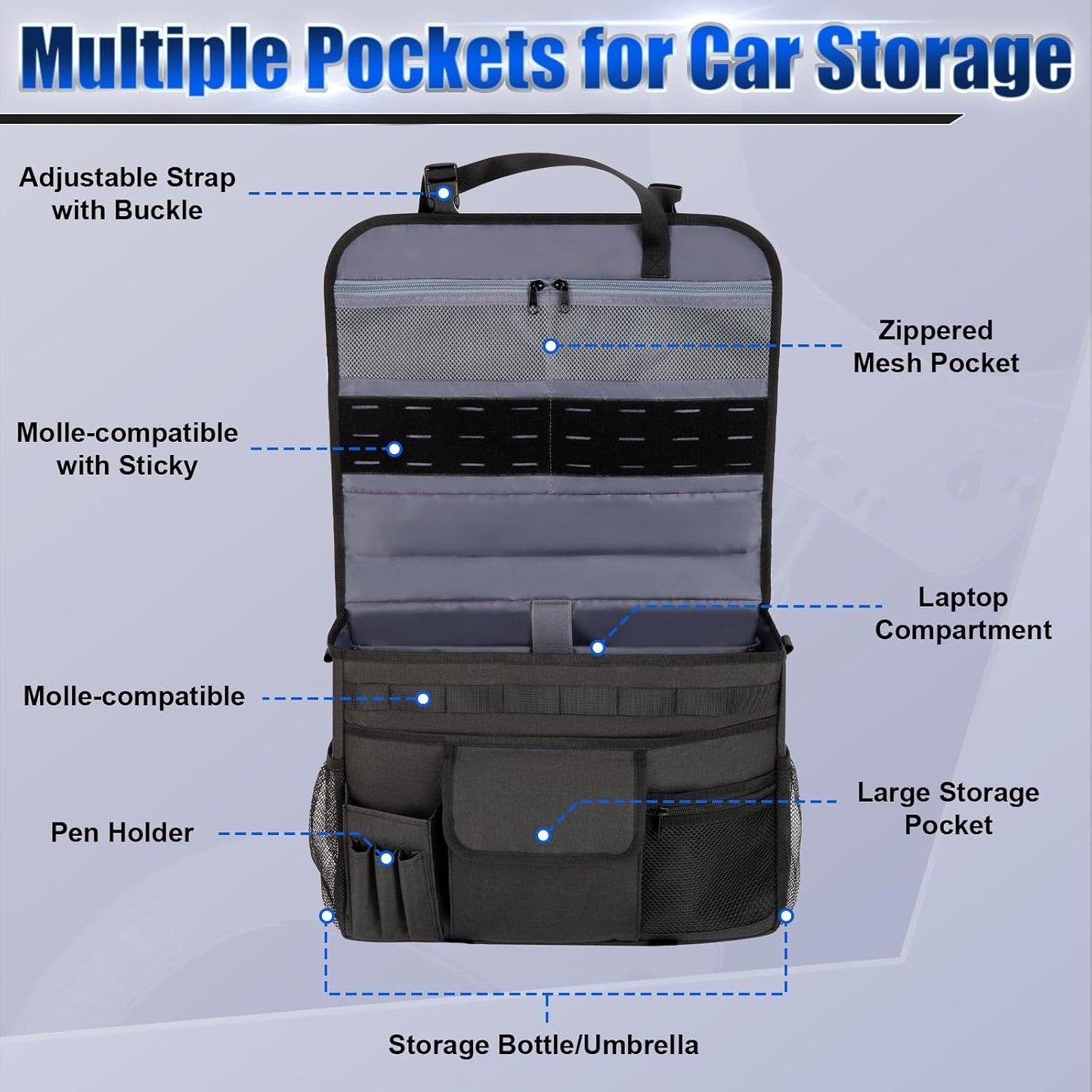 GDNasist Patrol Bag Law Enforcement, Car Front Seat Organizer, Police Duty Bag for Police Gear with 15.6" Laptop Storage, Molle Webbing, Multiple Compartment, Removable Straps, Black