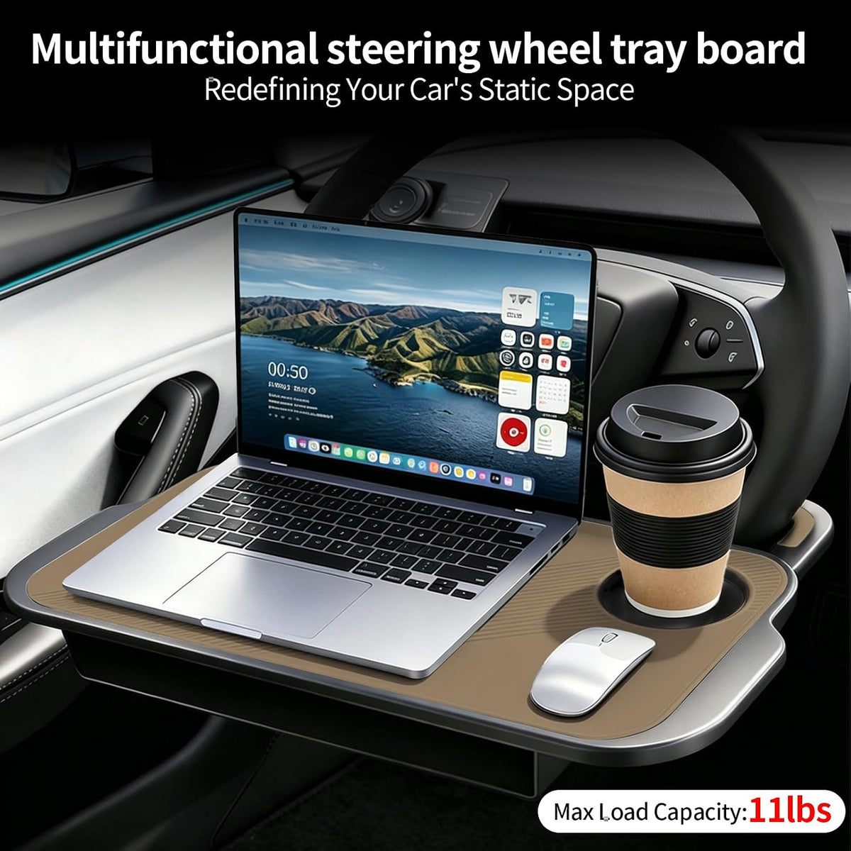 Car Steering Wheel Desk, 2-in-1 Steering Wheel Table & Storage Tray with Cup Holder,ar Seat Gap Filler Organizer, for Standard Round Steering Wheels (Brown)