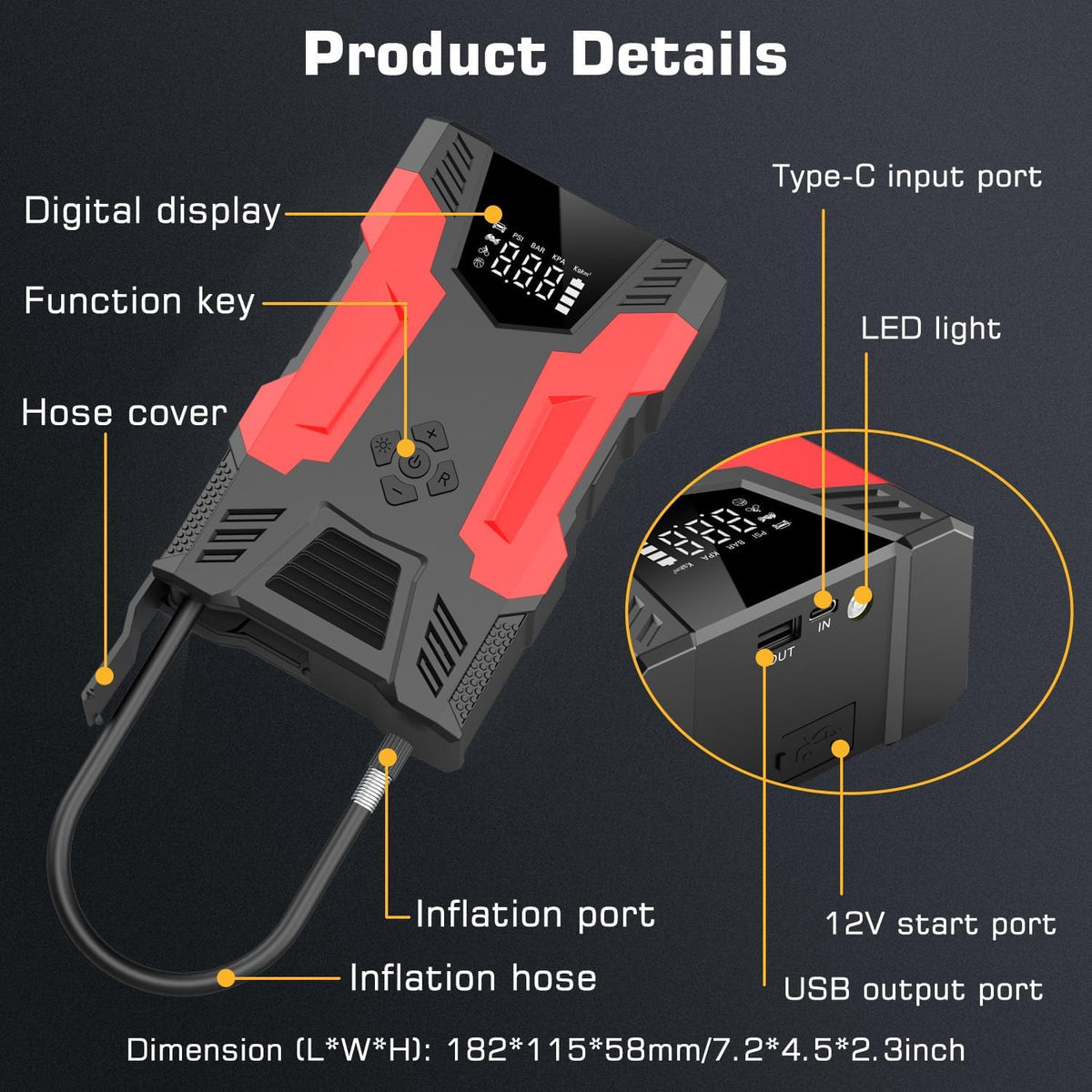 Car Jump Starter with Air Compressor, 3000A Peak Portable Battery Built-in Air Compressor and Air Hose, 150PSI Tire Inflator Up to 7.0L Gas/5.0L Diesel USB QC 3.0 10000mAh Power Bank, LED Flashlight