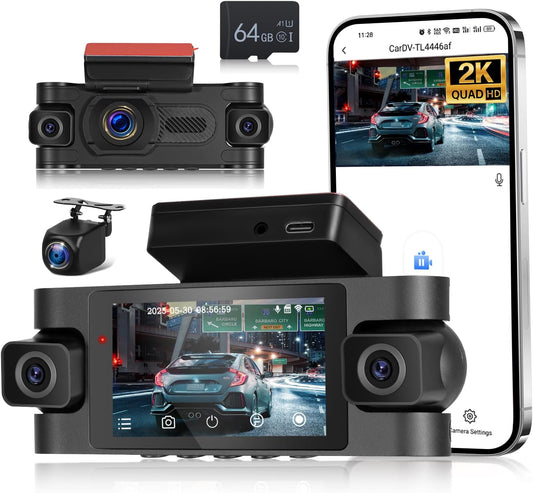 EKAT 5GHz WiFi 4 Channel Dash Cam, 2K Front+1080P*3 Rear Inside Left Right, 360°View Dash Camera for Cars, 3 Inch IPS Screen with Loop Recording/Night Vision/G-Sensor/24H Parking Mode, Free 64GB Card
