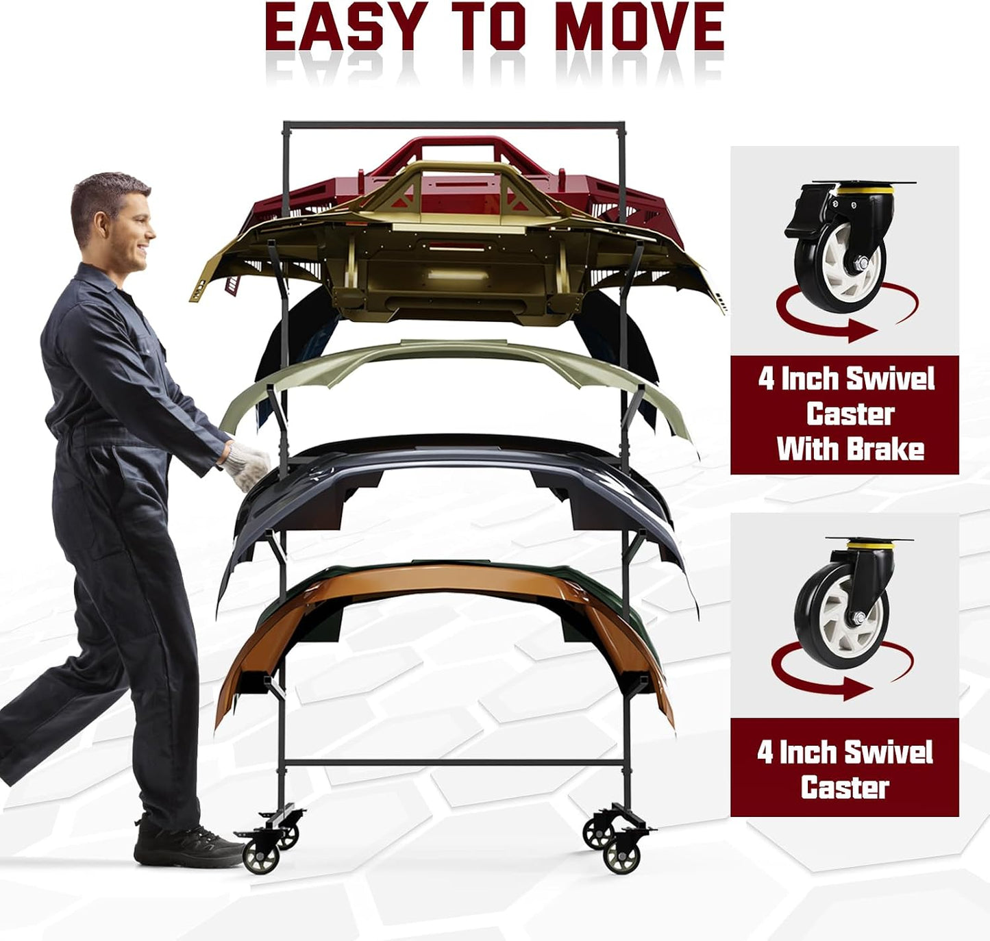 Double Sided Bumper Storage Rack With Adjustable Design Maximize Space Utilization 4 Inch Swivel Caster Allow Floor Mobile Smooth Maneuverability