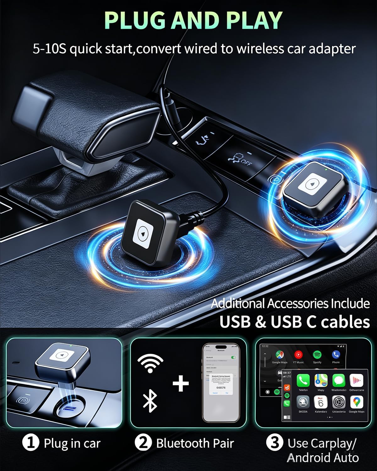 Wireless CarPlay Adapter for Apple iPhone & Android Auto Dongle