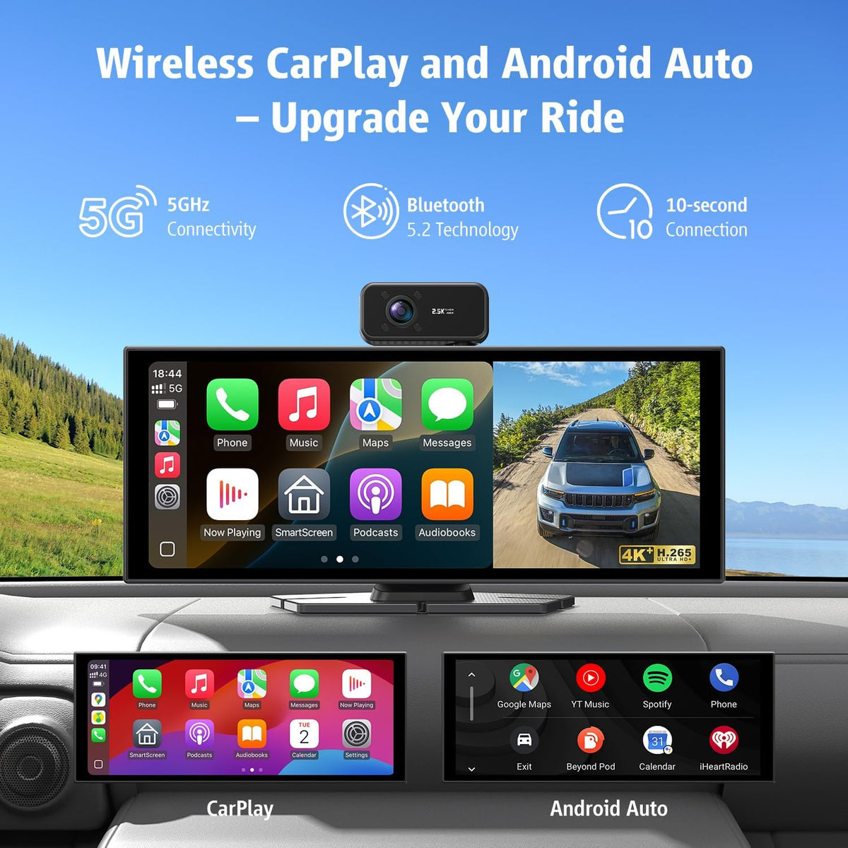 Portable Wireless CarPlay Screen, 10.26" Fully Laminated IPS Touch Screen Car Stereo with Wireless CarPlay & Android Auto, 4K Front 2.5K Rear Dash Cam,1080P Backup Camera,Super Link,Plug & Play