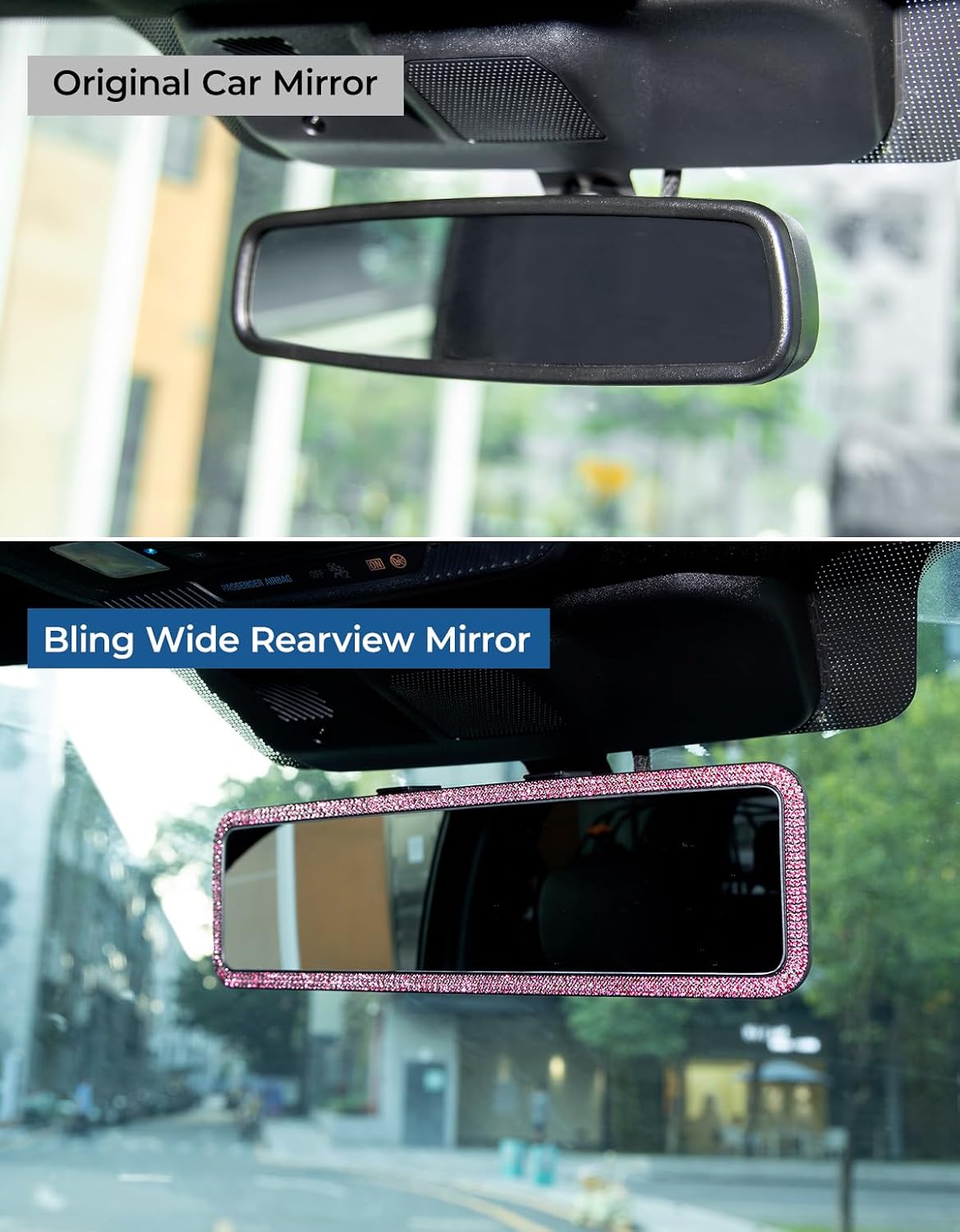 JOYTUTUS Car Rear View Mirror, Pink Rhinestone Full Clip-On Style