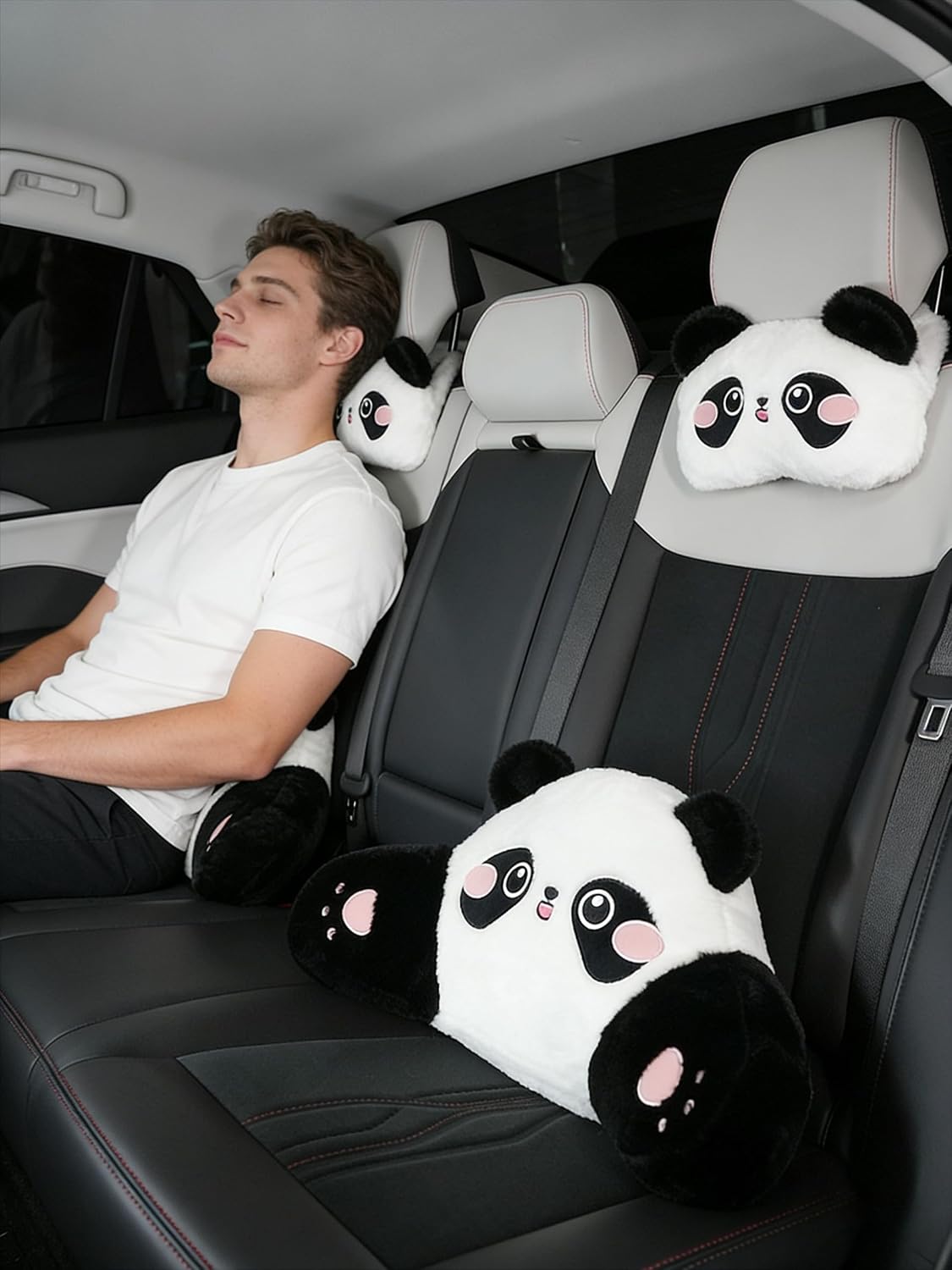 Cute Panda Car Pillow – Plush Neck Support & Lumbar Cushion, Soft Rabbit Fur Material for Headrest & Back Seat Comfort(Set of 2)