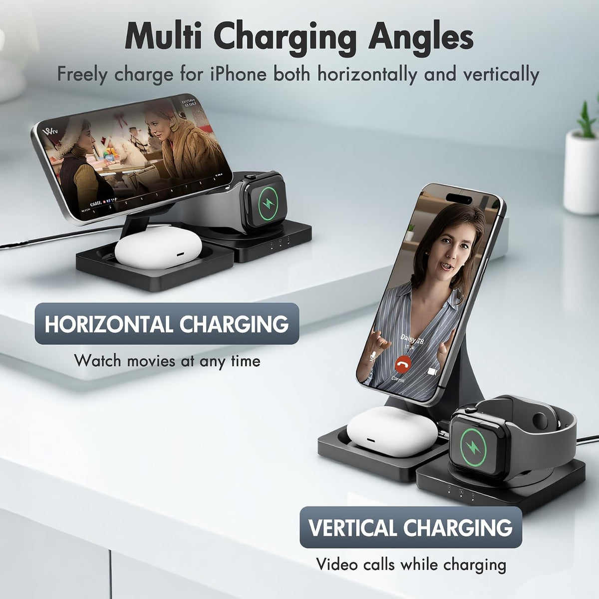 3-in-1 Foldable Magnetic Wireless Charger,15W Fast Charging Pad for Travel
