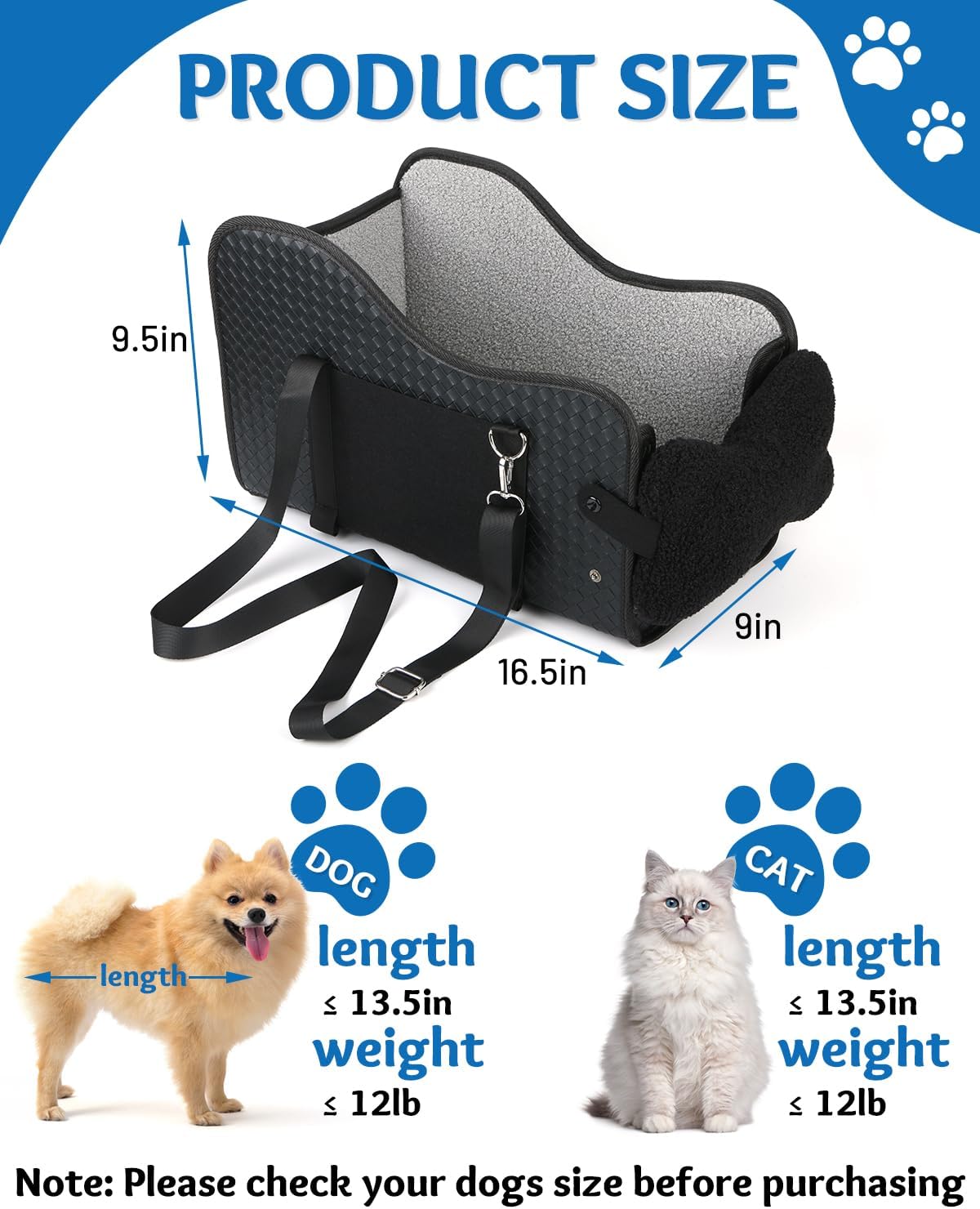 Center Console Dog Car Seat, Pet Car Seat, Armrest Middle Console Booster Travel Carrier for Small Dogs and Cats(Black Leather)