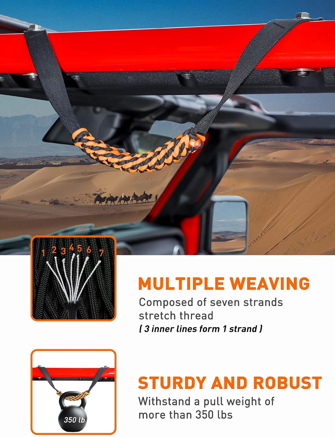Savadicar 2 Pack Paracord Roll Bar Grab Handles for 2018-2024 Jeep Wrangler JL JLU 4XE &amp; Gladiator JT, Comfortable Cylindrical Weave for Secure Grip, Essential Interior Accessories, Orange